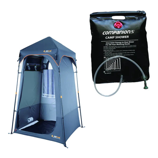 Portable camping shower tent with a Companion camp shower water bag on a white background