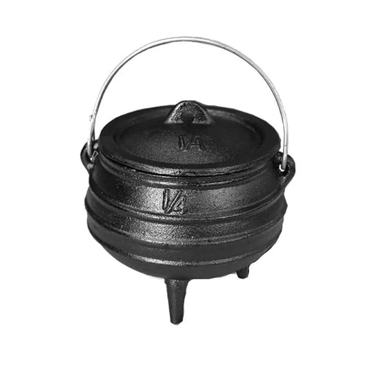 Three-legged cast iron potjie pot with lid and metal handle for outdoor cooking.