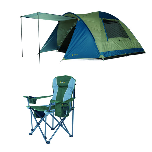 OZtrail camping tent with awning and a folding camping chair on a white background