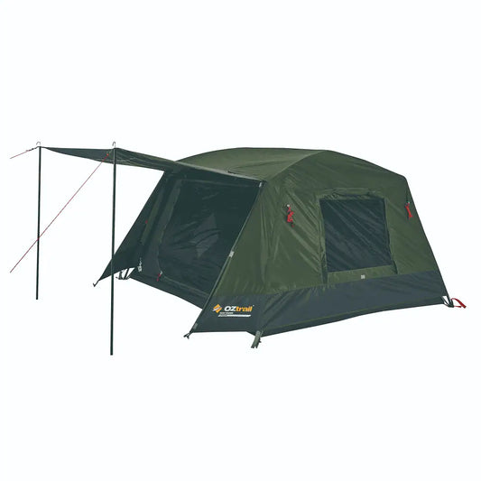 An angled side view of the green and grey OZtrail Fast Frame 3P tent on a white background with the front awning extended