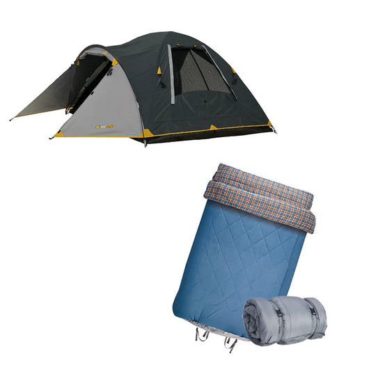 Oztrail dome camping tent with a rolled-out sleeping bag and compact bedroll on a white background.
