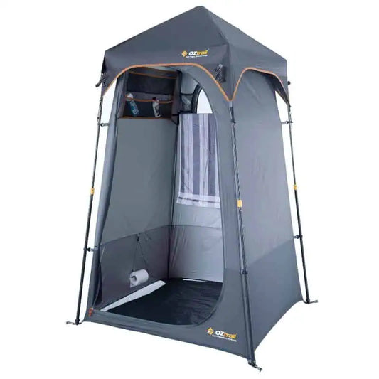 Oztrail Fast Frame single ensuite tent with open door, showing internal storage pockets and towel rail on a white background.
