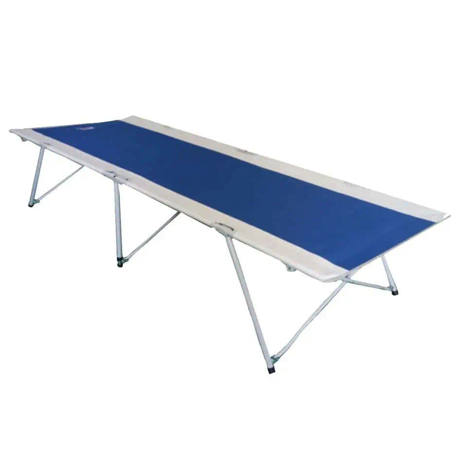 Blue and white foldable camping stretcher with aluminium frame and raised legs for off-ground sleeping.