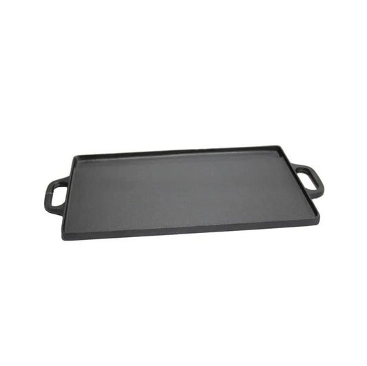 Afritrail 51cm cast iron dual BBQ griddle pan with flat cooking surface and side handles on a white background.