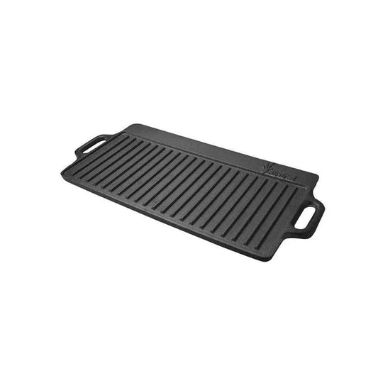 Afritrail cast iron dual BBQ griddle pan with ribbed cooking surface and side handles on a white background.