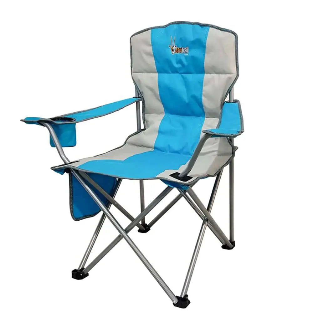 Blue and grey padded folding camping chair with armrests, cup holder and steel frame.