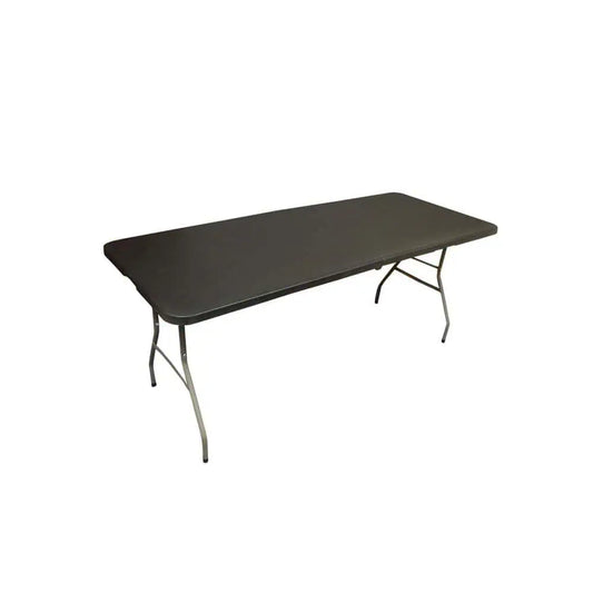 Black bi-fold camping table with folding metal legs, suitable for outdoor use.