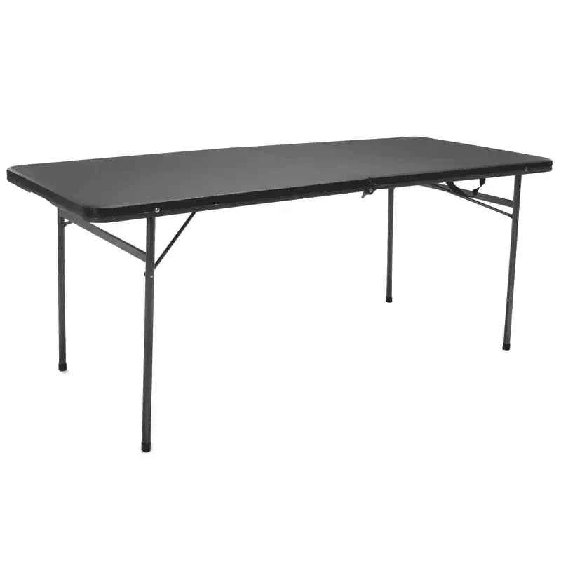 A portable black rectangular folding table featuring a hinged center and four grey metal legs, suitable for outdoor events, camping, or as a catering utility table.