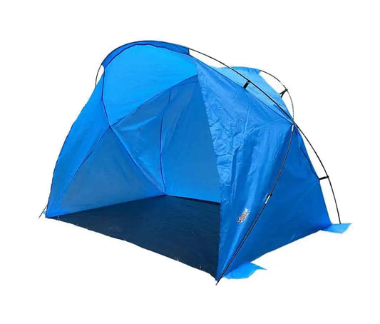 Blue Clifton beach shade tent with open front design and flexible pole structure on a white background.