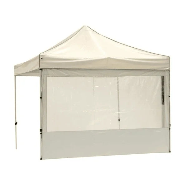 A cream-colored outdoor gazebo featuring a white and grey side wall panel with a large, integrated clear PVC window designed to provide visibility and protection from the elements.