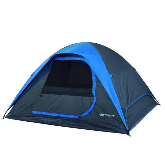 Kookaburra 4-person dome camping tent in blue and dark grey, front entrance open, shown on white background.