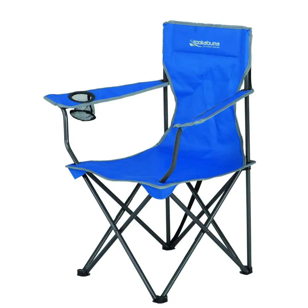 Blue Kookaburra quad camp chair with foldable steel frame and built-in armrest cup holder.