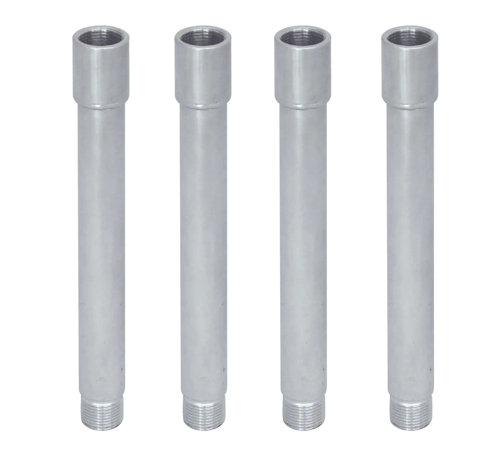 Four silver metal extension legs with threaded ends arranged vertically on a black background.