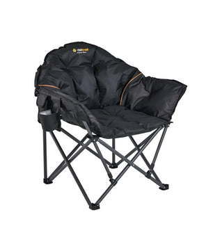 A high-angle three-quarter view of the Roamer Moon Chair, highlighting the thick padding and the easy-access side organize