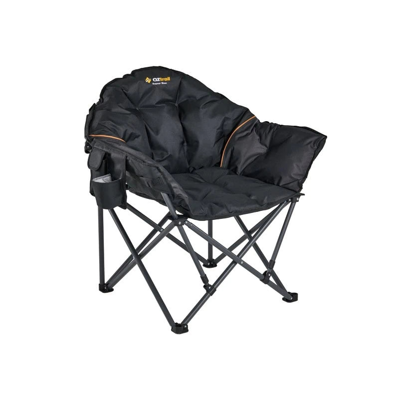 A high-angle three-quarter view of the Roamer Moon Chair, highlighting the thick padding and the easy-access side organize
