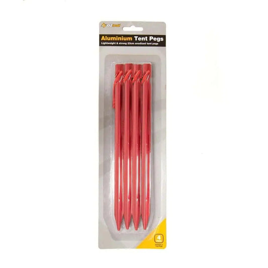 A retail 4-pack of vibrant red OZtrail anodized aluminium tent pegs, featuring a strong and lightweight 23cm design for camping.