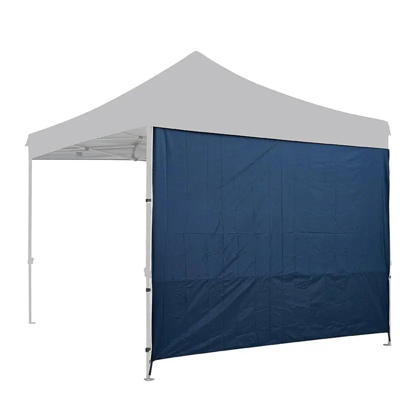 A heavy-duty navy blue solid gazebo wall attached to one side of a 3x3 meter portable gazebo with a white canopy, designed for privacy and weather protection.