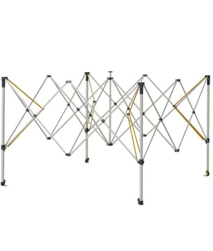 The expanded grey metal concertina-style folding frame of an OZtrail gazebo shown without the canopy.
