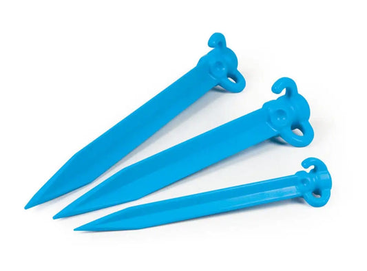 Three 500mm bright blue OZtrail polypropylene sand pegs designed for secure anchoring in soft ground or beach conditions.