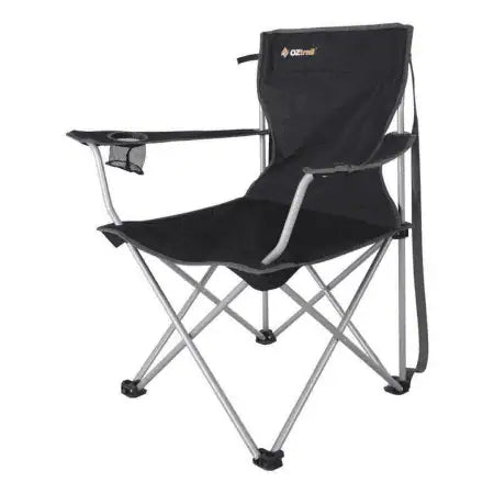 A black OZtrail portable folding camping chair featuring a high back, silver metal concertina-style frame, and a mesh cup holder built into the armrest