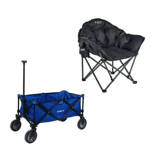 OZtrail folding camping chair and blue utility wagon on a white background