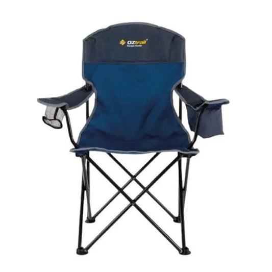 A front-facing view of the navy blue and grey OZtrail Escape Cooler chair, showing the black cross-braced folding frame, mesh cup holder, and integrated armrest cooler bag