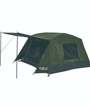 An angled side view of the green and grey OZtrail Fast Frame 3P tent on a white background with the front awning extended