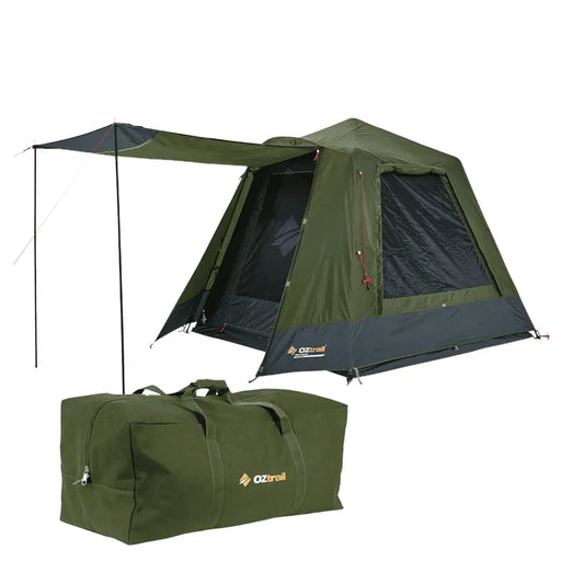 OZtrail Fast Frame 4 Person Tent set up with front awning and a matching OZtrail duffel bag displayed below.