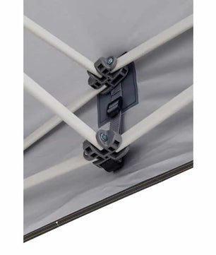 A detailed view of the adjustable grey webbing straps and plastic buckles used to secure the canopy tightly to the gazebo frame.