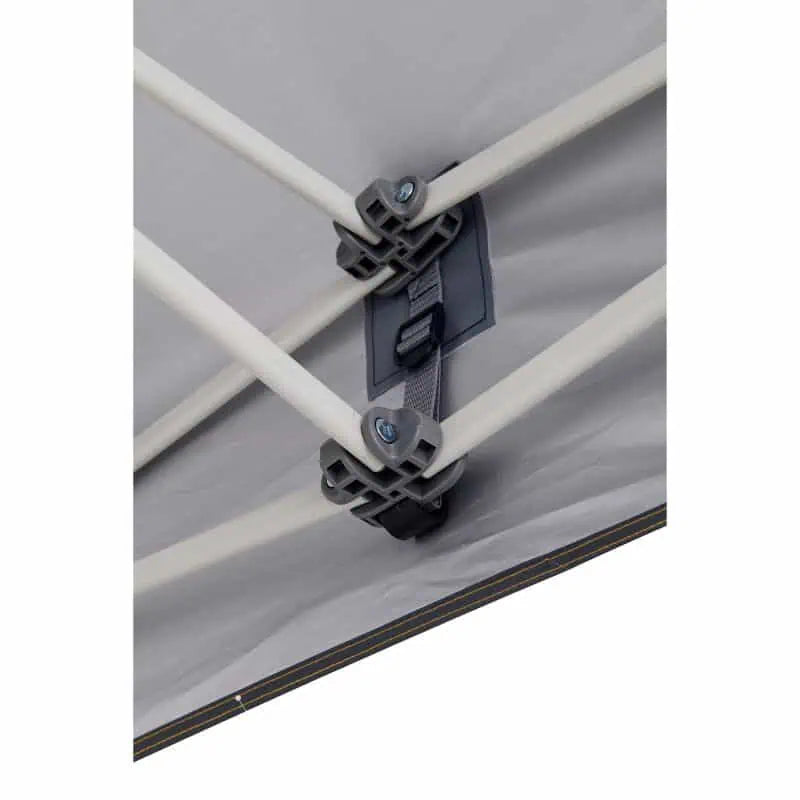 A detailed view of the adjustable grey webbing straps and plastic buckles used to secure the canopy tightly to the gazebo frame.