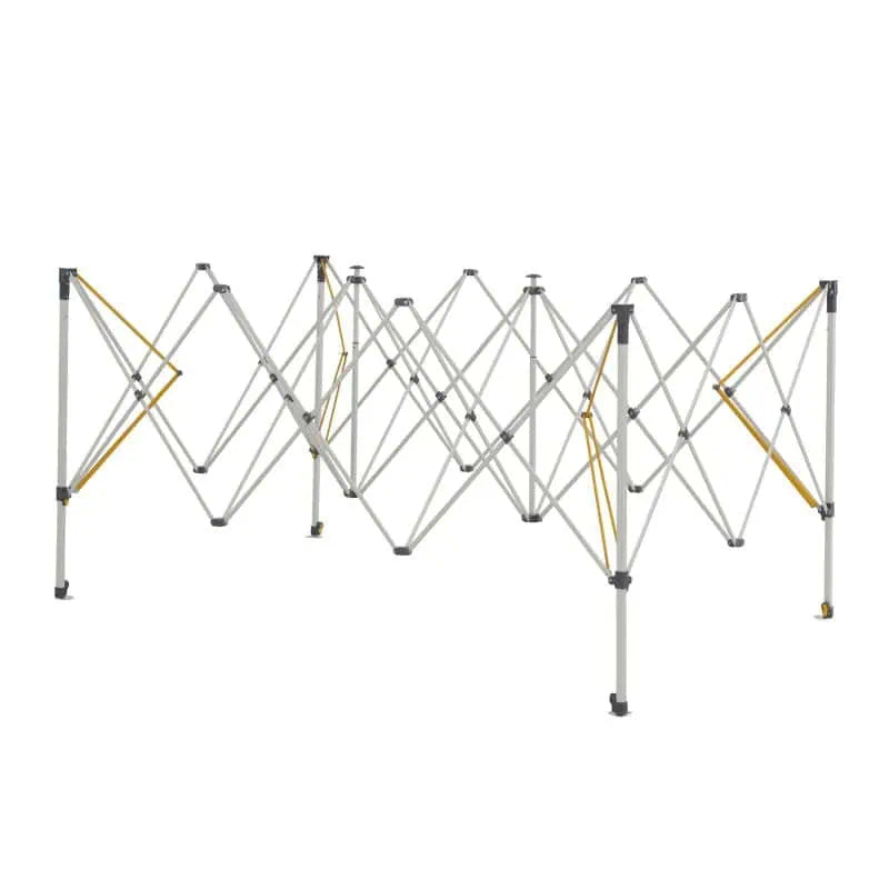 The expanded grey metal concertina-style folding frame of an OZtrail gazebo shown without the canopy