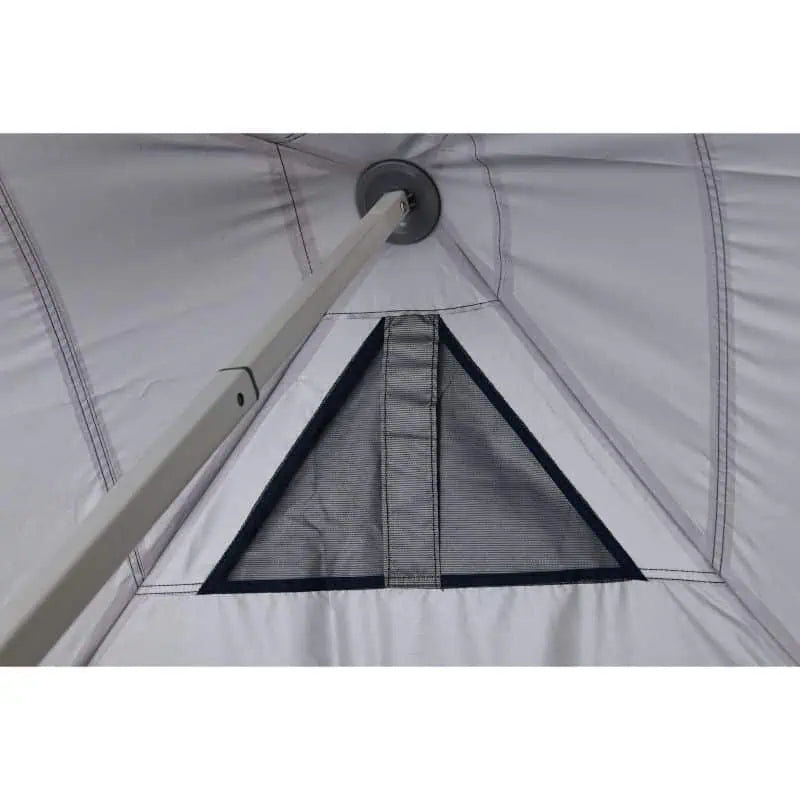 Inside view of the gazebo canopy showing the grey fabric lining and a triangular reinforced section with a black strap