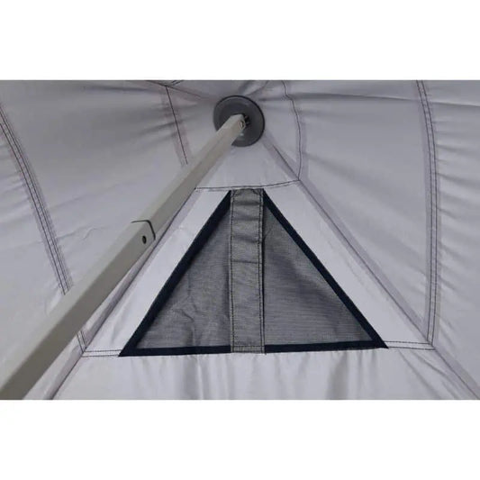 Inside view of the gazebo canopy showing the grey fabric lining and a triangular reinforced section with a black strap