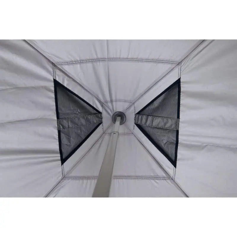 An interior view looking up at the center of the gazebo canopy showing the silver lining, reinforced mesh vents, and the central support pole.