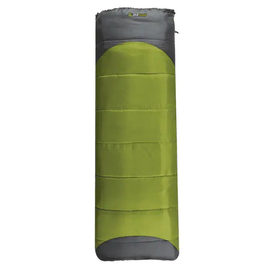A rectangular sleeping bag by OZtrail featuring a green main body with grey accents at the top and bottom, designed with horizontal quilted stitching and a top drawstring closure