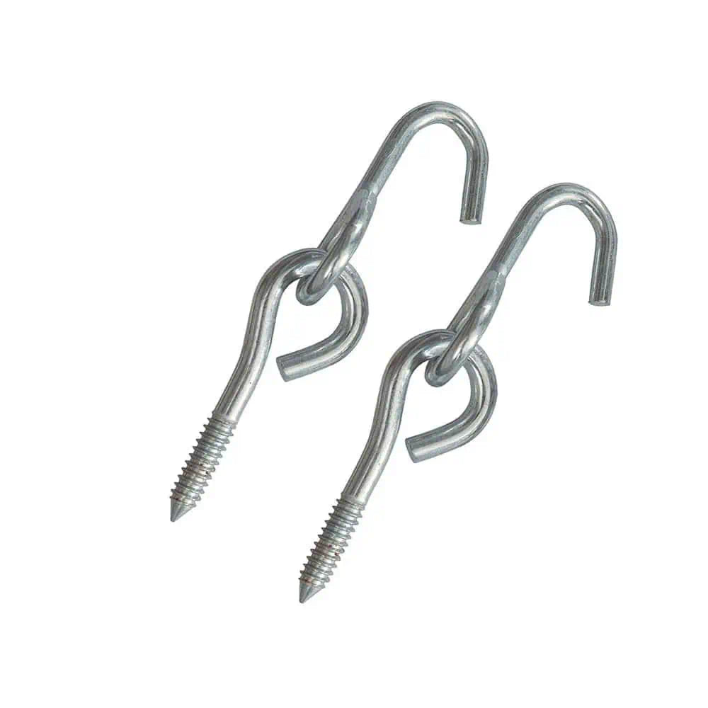 A pair of heavy-duty OZtrail galvanized steel hammock screw hooks, each featuring a sharp threaded screw end for wood installation and a linked open hook for securing hammock ropes or loops.
