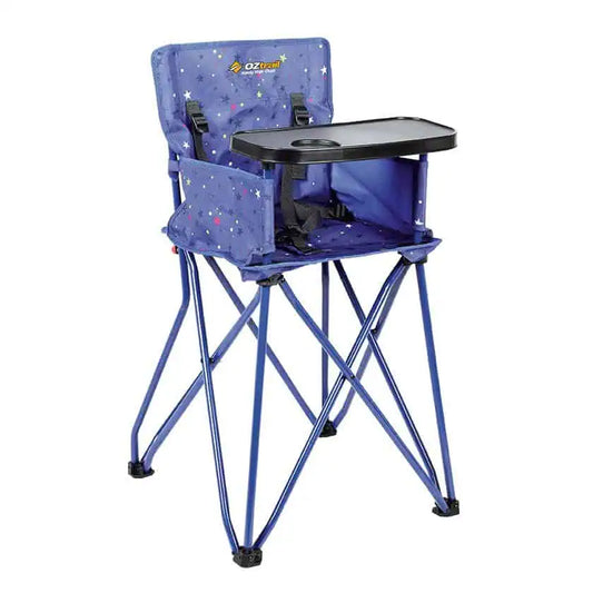 A portable blue OZtrail Handy High Chair with a star pattern fabric, featuring matching blue folding metal legs, a black safety harness, and a detachable black tray with a built-in cup holder.