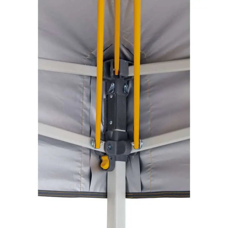 Internal corner view of the gazebo showing the yellow Hydroflow tension rods designed to keep the canopy taut and prevent water pooling.