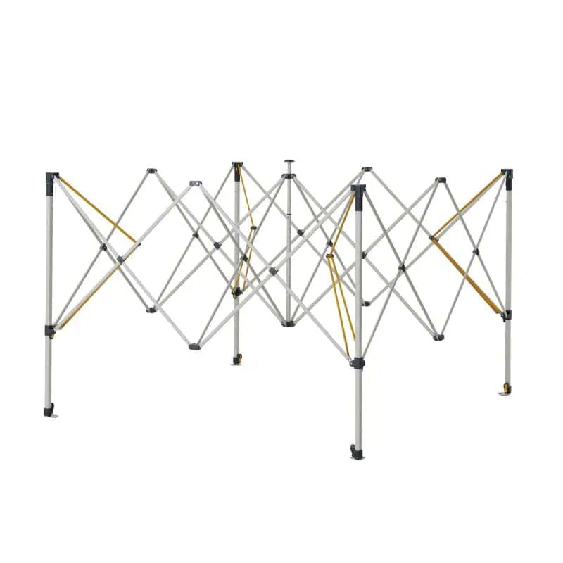 Fold-out aluminium frame structure of the OZtrail Hydroflow Deluxe 3.0 gazebo showing cross-bracing and adjustable legs on a white background