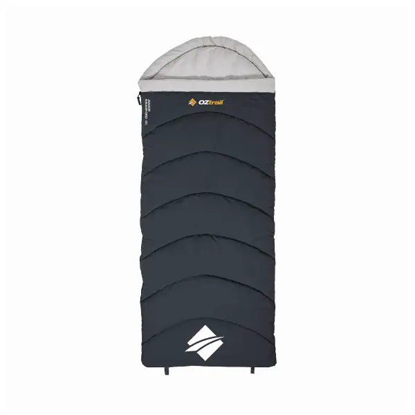 An OZtrail Junior Kingsford -3C hooded sleeping bag featuring a dark grey body with large curved quilted stitching, a light grey contoured hood, and a black base section displaying a white diamond logo.