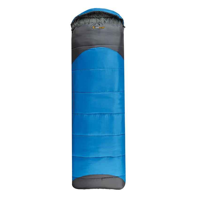 A blue and grey OZtrail Leichardt hooded sleeping bag featuring a large blue central section with horizontal quilted stitching and grey accents at the top and bottom
