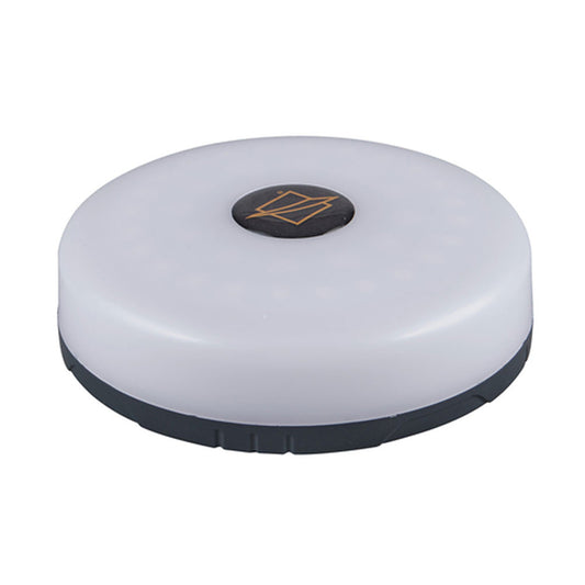 A circular, white frosted OZtrail Lumos light hub with a black center logo, designed for versatile camping illumination.