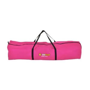 The bright pink branded carry bag for the OZtrail Malibu Chair featuring black handles and a zipper closure.