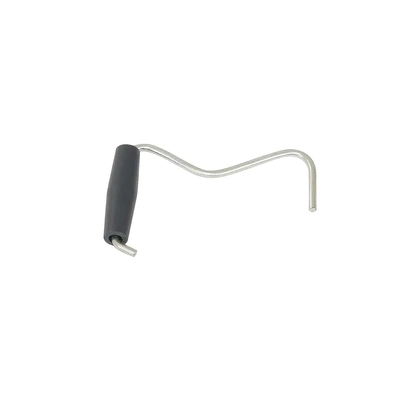 A durable metal hook tool with a black plastic handle, designed for easily removing tent pegs from hard ground