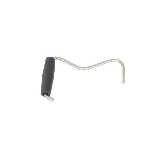 A durable metal hook tool with a black plastic handle, designed for easily removing tent pegs from hard ground