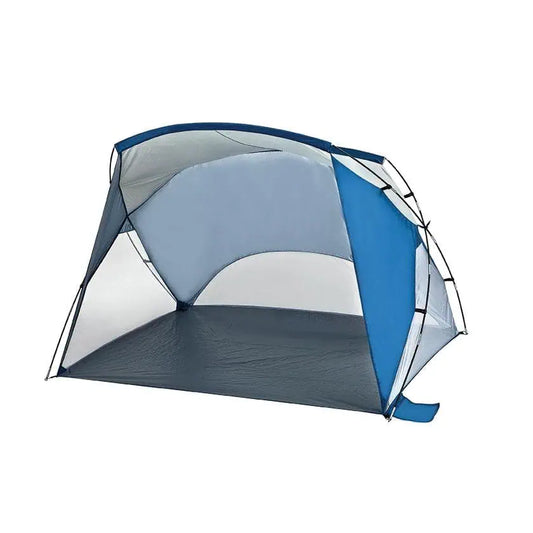 A blue and grey OZtrail Multi Shade 4 beach shelter featuring an open-front design, a built-in floor, and a sturdy cross-pole frame for outdoor sun protection