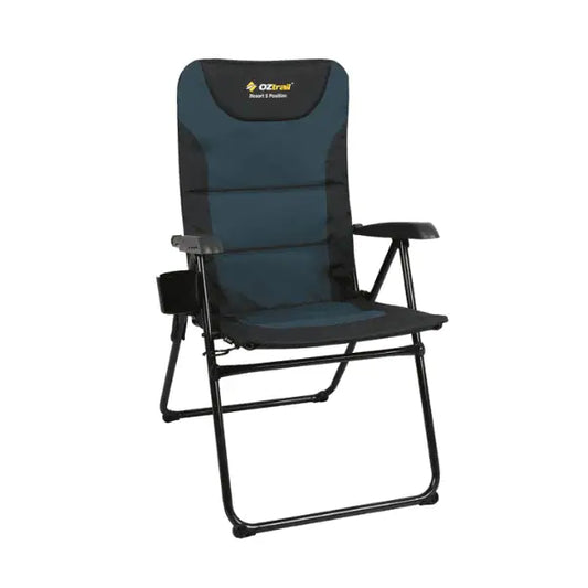 A teal and black OZtrail Resort chair with an adjustable backrest and an integrated cup holder on the right armrest