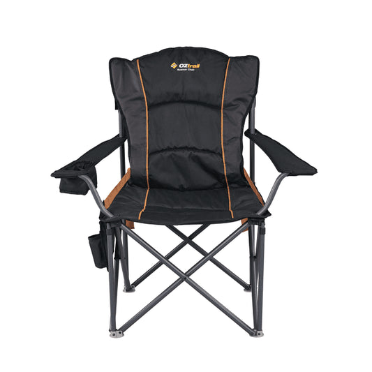 A front-facing view of the OZtrail Roamer chair showing the wide padded seating area, integrated cup holder, and heavy-duty folding frame.