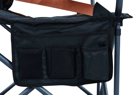 A close-up of the black side storage pocket on an OZtrail Roamer Chair, showing three separate compartments with mesh detailing.