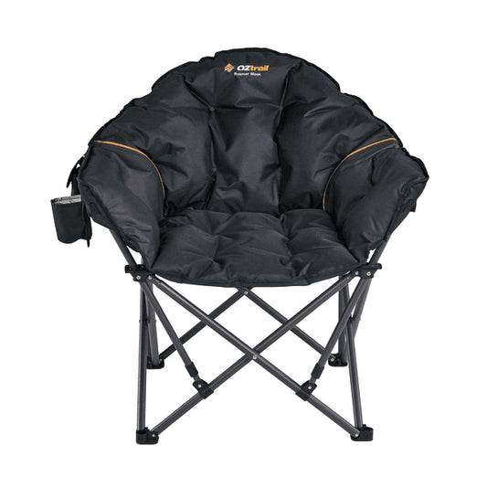 A front-on view of the Roamer Moon Chair showing the wide padded seating area and the heavy-duty, cross-braced steel folding frame